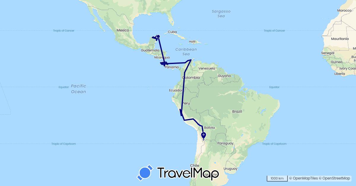TravelMap itinerary: driving in Bolivia, Colombia, Costa Rica, Mexico, Peru (North America, South America)